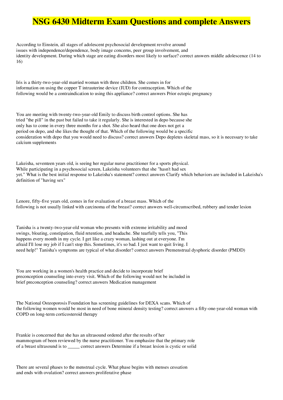 Preview image for NSG 6430 Midterm Exam Questions and complete Answers